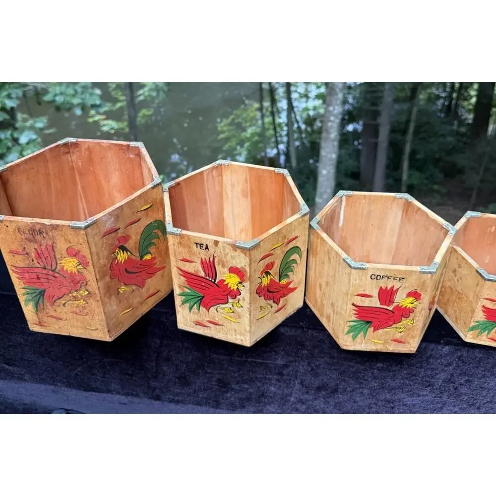 4 MCM 1960’s Japan Betson's Wood Rooster Hexagon 6-Sided Nesting Canisters